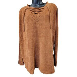 V-Neck Sweater Ultra Soft Brown Lace-Up White Birch Womens Large New